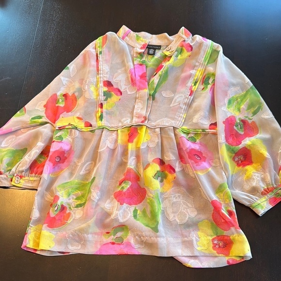 Apostrophe Tops - Apostrophe Pink and Yellow Blouse with V-Neck and Flared Waist